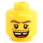 LEGO Head, Thick Brown Eyebrows with Scar, Open Mouth with Missing Tooth