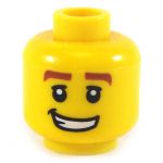 LEGO Head, Thick Reddish Brown Eyebrows, Crooked Smile
