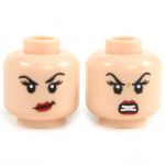 LEGO Head, Female, Black Eyebrows and Dark Red Lips, Crooked Smile / Angry