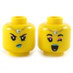 LEGO Head, Female, Pink Eyeshadow and Dark Azure Lips, Frowning / Winking