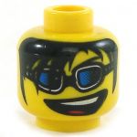 LEGO Head, Black Hair, Blue Glasses/Goggles, Large Crooked Smile with Upper Teeth