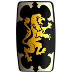 LEGO Shield, Curved Rectangular (Scutum), Black with Silver Corners and Gold Lion