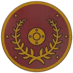 LEGO Shield, Round Convex with Gold Branches on Dark Red Background