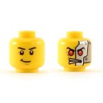 LEGO Head, Cyborg, Dual Sided: Red Eyes, Silver Head Plates / Black Eyebrows and Crooked Smile