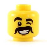 LEGO Head, Thick Black Eyebrows and Moustache, Wink, Smile with Teeth