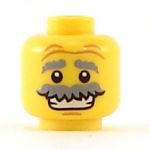 LEGO Head, Gray Eyebrows Raised and Bushy Moustache, Wrinkles, Open Smile