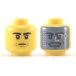LEGO Head, Stern Black Eyebrows, Dual Sided: Mouth Lines / Dark Bluish Gray Visor with Silver Squares