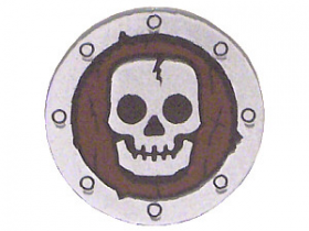 LEGO Shield, Round and Flat with Silver Skull on Dark Red Background