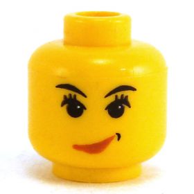 LEGO Head, Female with Black Thin Eyebrows, Eyelashes, and Red Lips, Crooked Smile