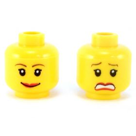 LEGO Head, Female with Brown Thin Eyebrows, Short Eyelashes, Wide Smile with Red Lips / Scared