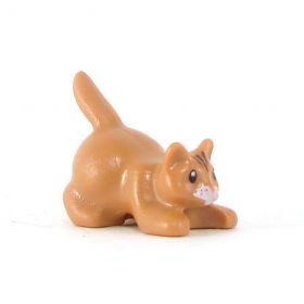 LEGO Cat, Crouching. Light Brown with Black Eyes, Dark Brown Stripes on Head and White Muzzle