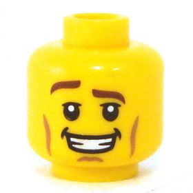 LEGO Head, Brown Eyebrows, One Raised, Large Smile with Teeth, Cheek Lines