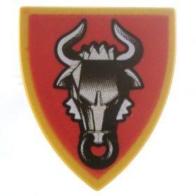 LEGO Shield, Triangular with Red Background, Silver and Black Bull