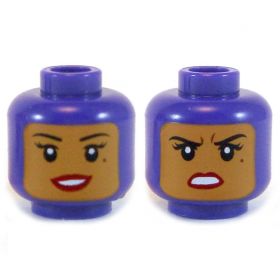 LEGO Head, Female, Medium Flesh, Purple Balaclava, Smiling / Angry