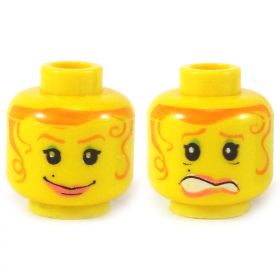 LEGO Head, Female, Curly Orange Hair, Smiling/Worried