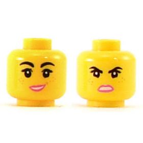 LEGO Head, Female, Black Eyebrows, Freckles, Eyelashes, Pink Lips, Open Mouth Smile / Angry