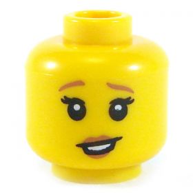 LEGO Head, Female with Raised Brown Eyebrows, Eyelashes, Brown Lips, Crooked Open Smile
