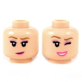 LEGO Head, Female, Light Brown Eyebrows, Lavender Eyeshadow, Pink Lips Smiling/Winking