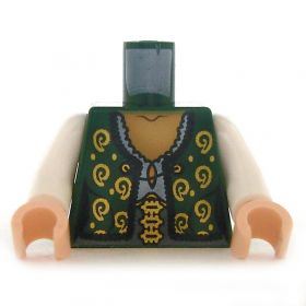 LEGO Torso, White Shirt With Fancy Dark Green Vest, Gold Paisley Pattern