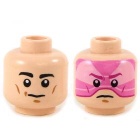 LEGO Head, Black Eyebrows, Cheek Lines, Pink Visor