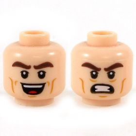 LEGO Head, Thick Brown Eyebrows, Cheek Lines, Large Smile / Angry