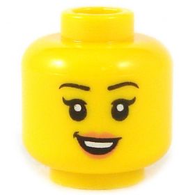 LEGO Head, Female with Black Eyebrows, Long Eyelashes, Peach Lips, Slightly Crooked Smile