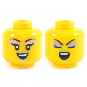 LEGO Head, Female, Black Eyebrows and Long Eyelshes, Colorful Makeup, Crooked Smile / Singing