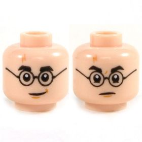 LEGO Head, Black Eyebrows, Lightning Bolt Scar and Round Glasses, Dual Sided: Smile / Frown