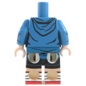 LEGO White Shirt and Blue Open Hoodie over Black Shorts, White Shoes, Female