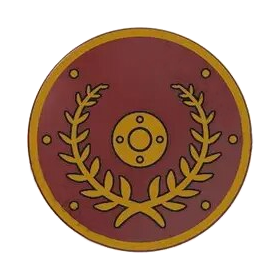LEGO Shield, Round Convex with Gold Branches on Dark Red Background