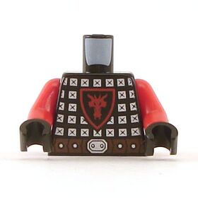 LEGO Torso, Black with Red Arms, Studded Armor, Dragon Symbol, Minor Damage