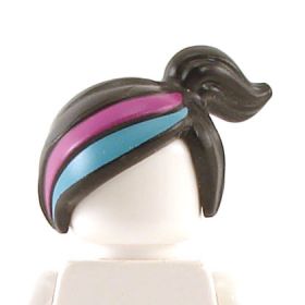 LEGO Hair, Female with Offcenter Ponytail, Black with Magenta and Blue Stripes