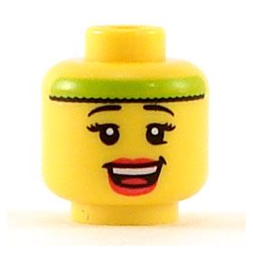 LEGO Head, Female with Eyelashes, Red Lips, Open Smile and Lime Headband