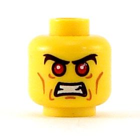 LEGO Head, Red Eyes with Black Bushy Eyebrows and Clenched Angry Mouth