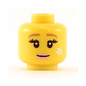 LEGO Head, Female with Brown Eyebrows, Eyelashes, Pink Lips, and White Flower