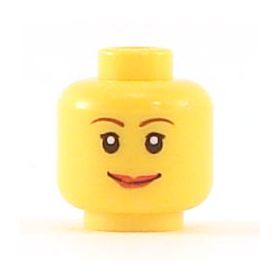 LEGO Head, Female with Brown Thin Eyebrows, Short Eyelashes, Wide Smile with Red Lips