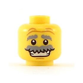 LEGO Head, Gray Eyebrows Raised and Bushy Moustache, Wrinkles, Open Smile