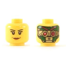 LEGO Head, Female with Black Eyebrows, Eyelashes, and Brown Lips / Green and Gold Robot/Cyborg
