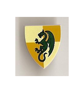 LEGO Shield, Triangular with Dark Green Dragon on Light Yellow and Ochre Quarters Background